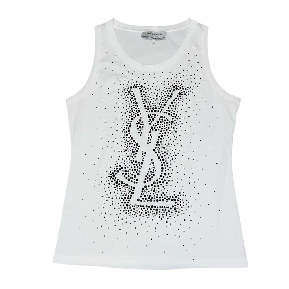 Vintage Yves Saint Laurent YSL Black Crystal Rhinestone HUGE Logo Tank Top Tee